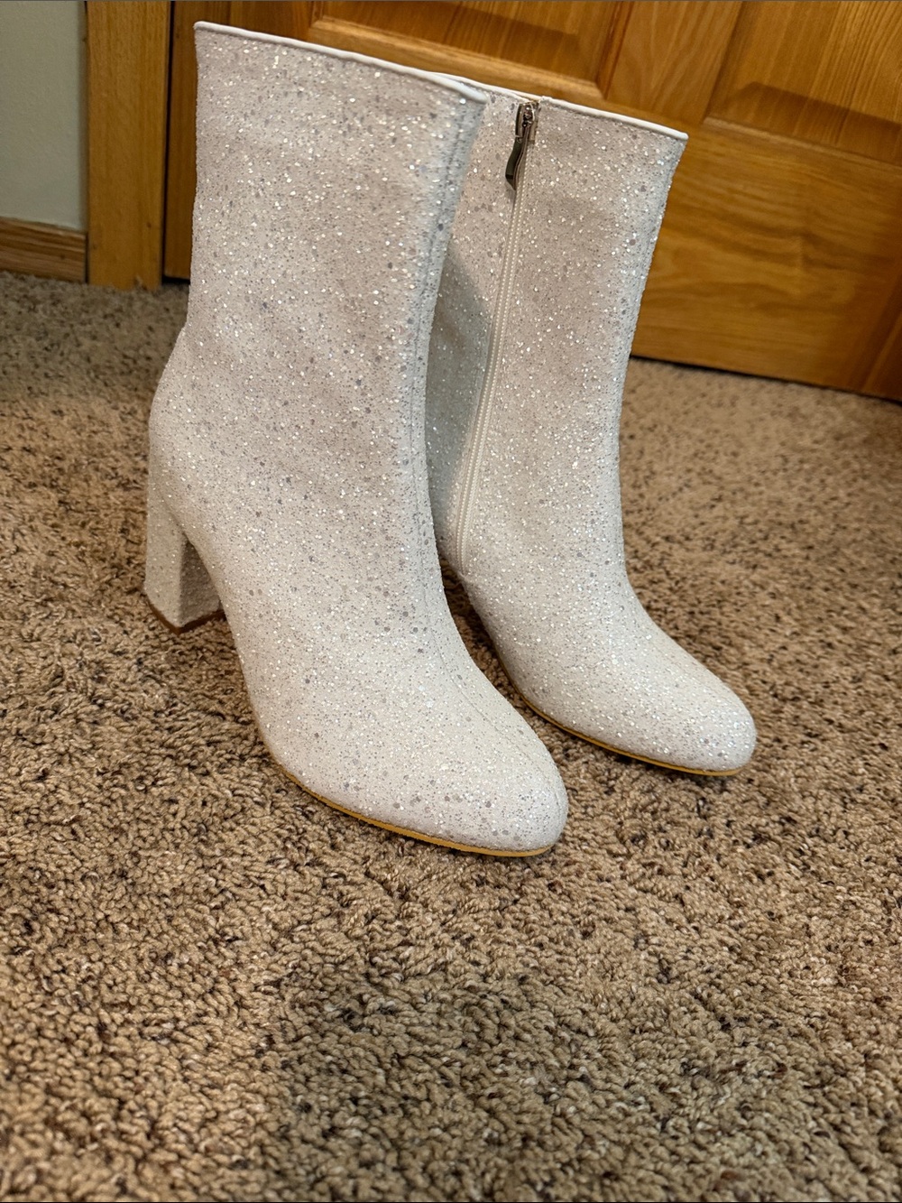 Sparkle Women's Mid-Calf Glitter Block Heel Boots - White